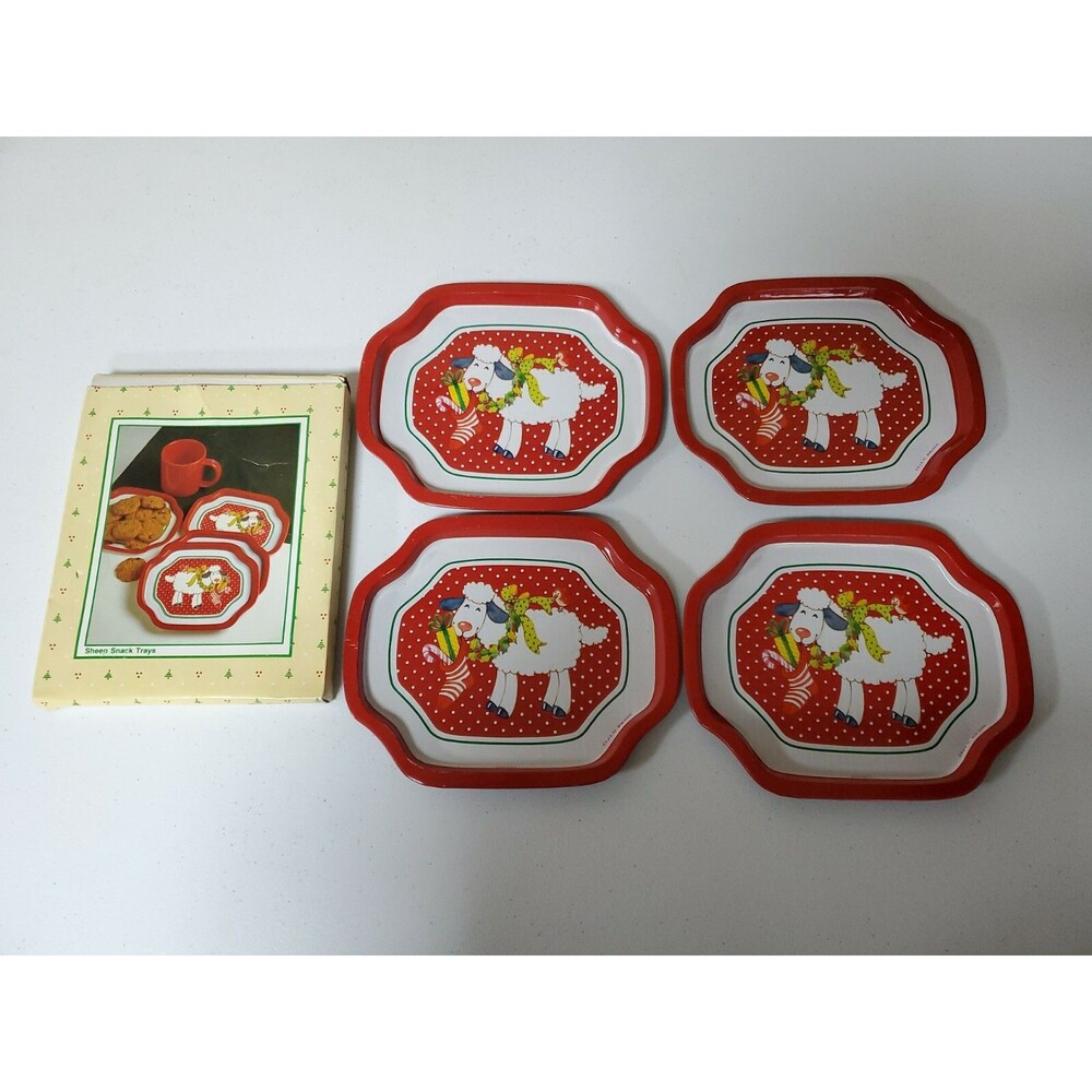 Vintage 1988 Christmas Sheep Tin Snack Trays B Of A, Inc. 6" x 7.5" Set of 4